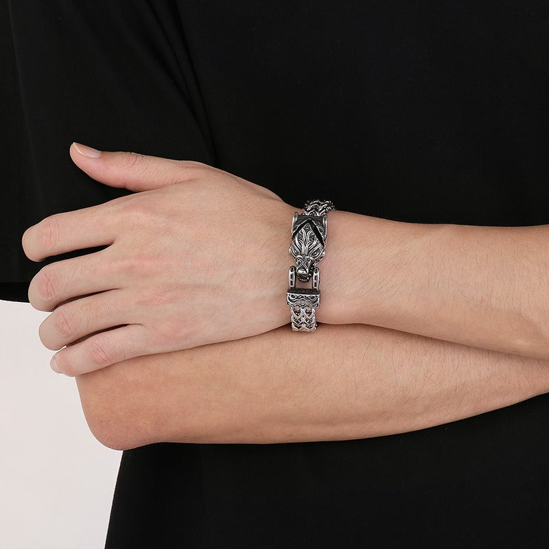 Kemstone Eagle & Wolf Head Titanium Steel Bracelet - Reversible Chain Punk Design for Men KB179515