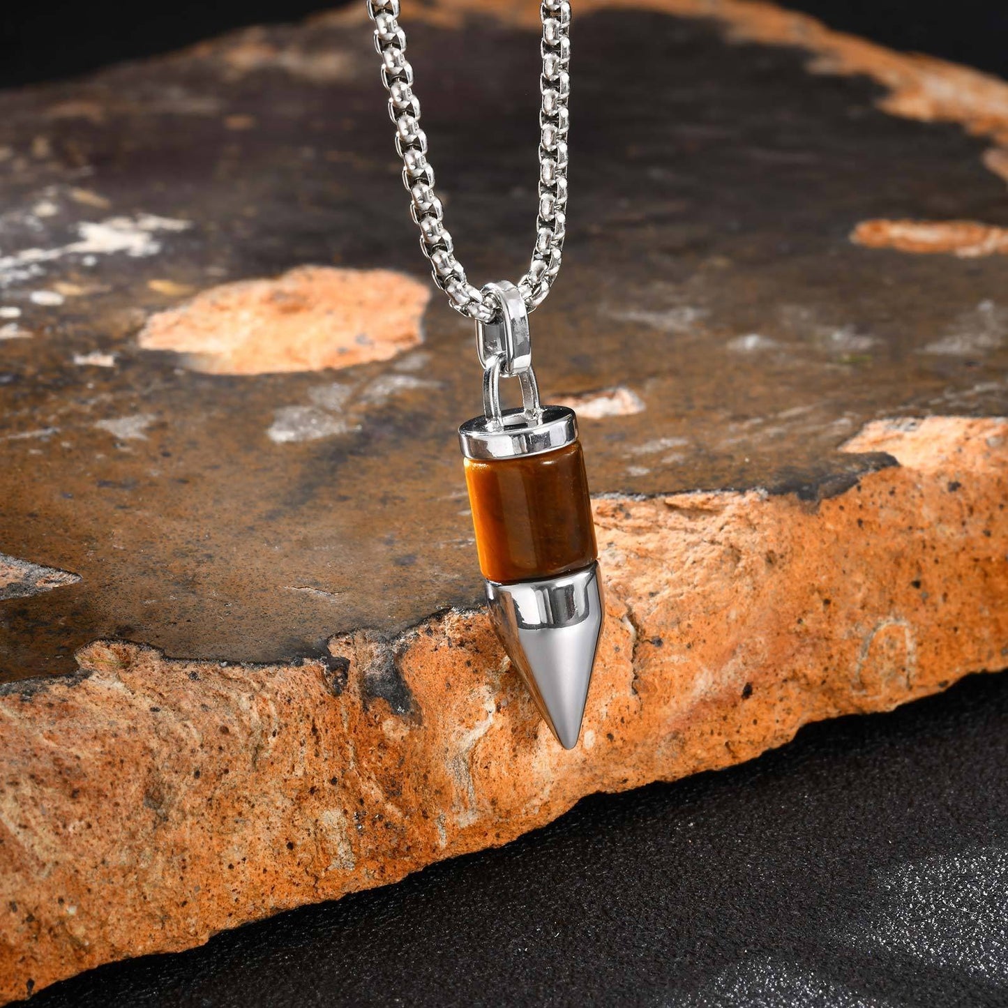 Kemstone Stainless Steel Cylinder Pendant Necklace – Stone Inlay Style for Men PN-2228