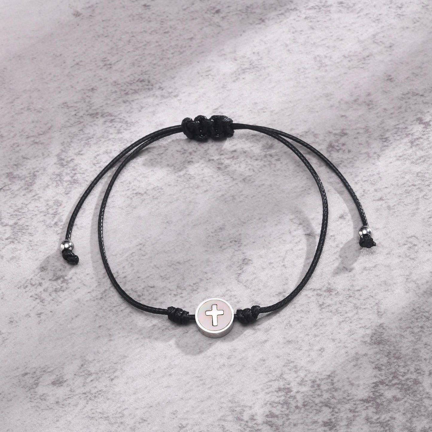 Kemstone Cross Bracelet for Men Stainless Steel Round Charm Adjustable Nylon Cord CB-195