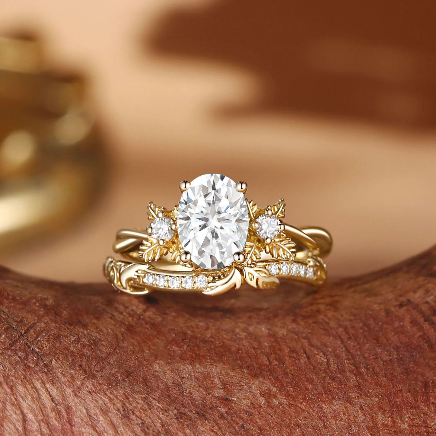 Kemstone Oval Floral Ring Set for Women – Nature Inspired Stackable Bridal Ring in S925 Sterling Silver 18K Gold Plated T7-YC0321RS