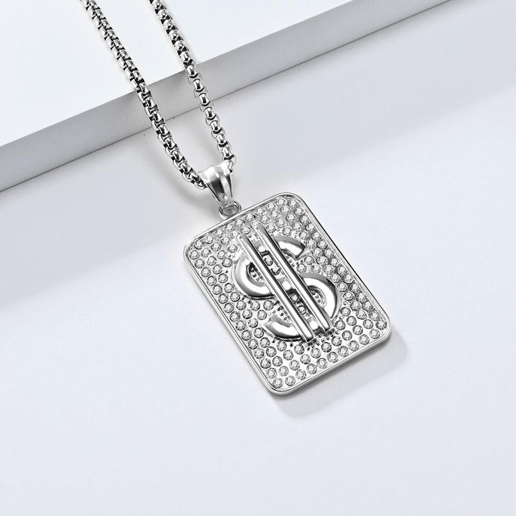 Kemstone Men’s Titanium Steel Dollar Sign Pendant Necklace – Hip Hop Iced Out Style K-PT602