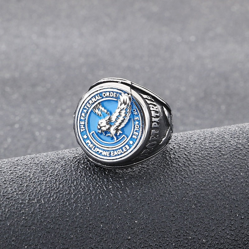 Kemstone Titanium Steel Eagle Ring – Blue Enamel Vintage Signet Jewelry, Symbol of Freedom KR114201-LU