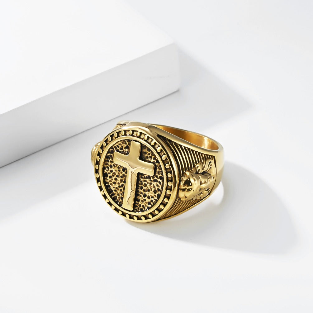 Kemstone Titanium Steel Cross Medallion Ring for Men Two Tone Round Signet Vintage Style Silver Gold Black K-R1140