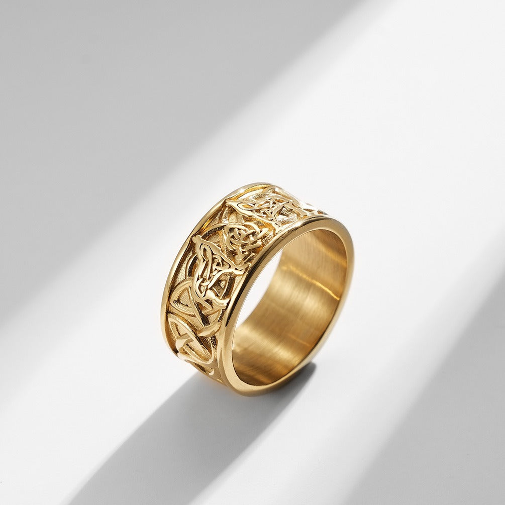 Kemstone Men's Celtic Knot Titanium Steel Ring – Wolf Design K-R572