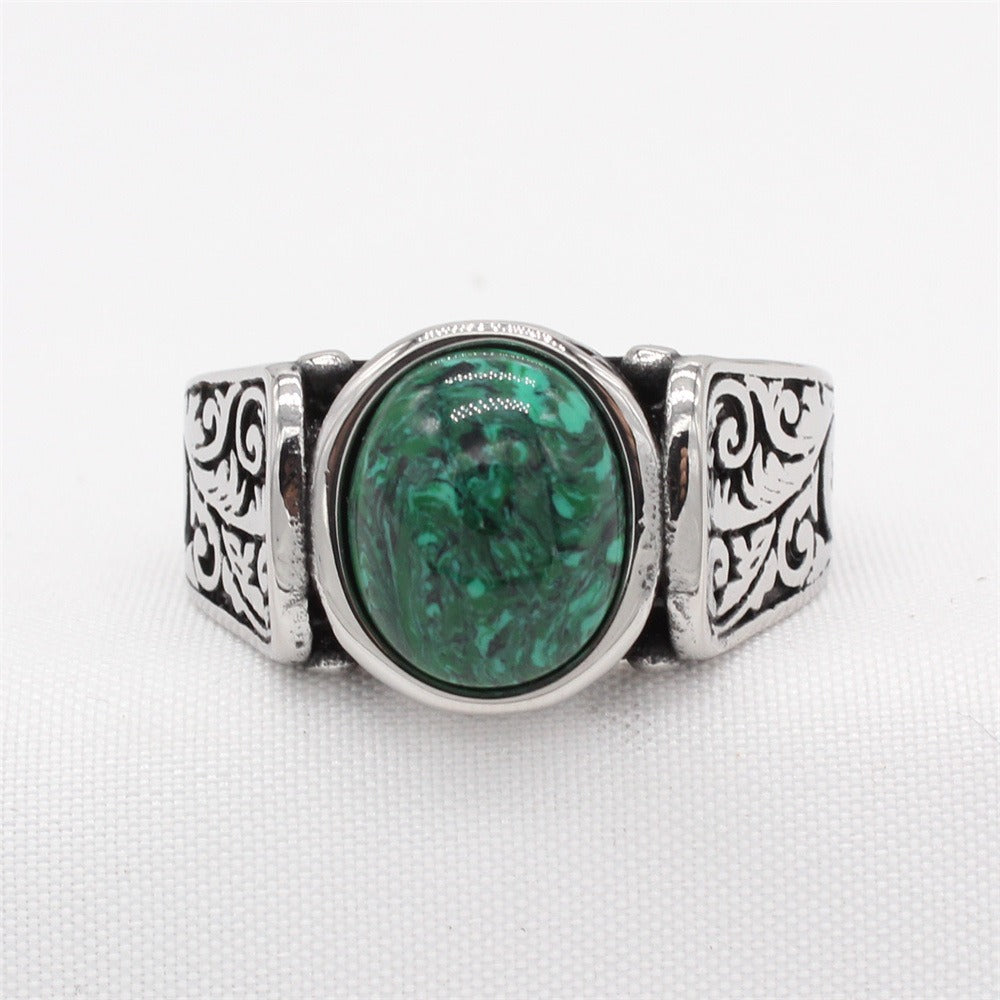 Kemstone Titanium Steel Green Resin Signet Ring for Men with Malachite-Style Pattern R1782