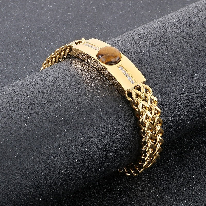 Kemstone Hiphop Zirconia-Encrusted Vintage Dual-Chain Tiger's Eye Stone Curb Men's Bracelet KB187685