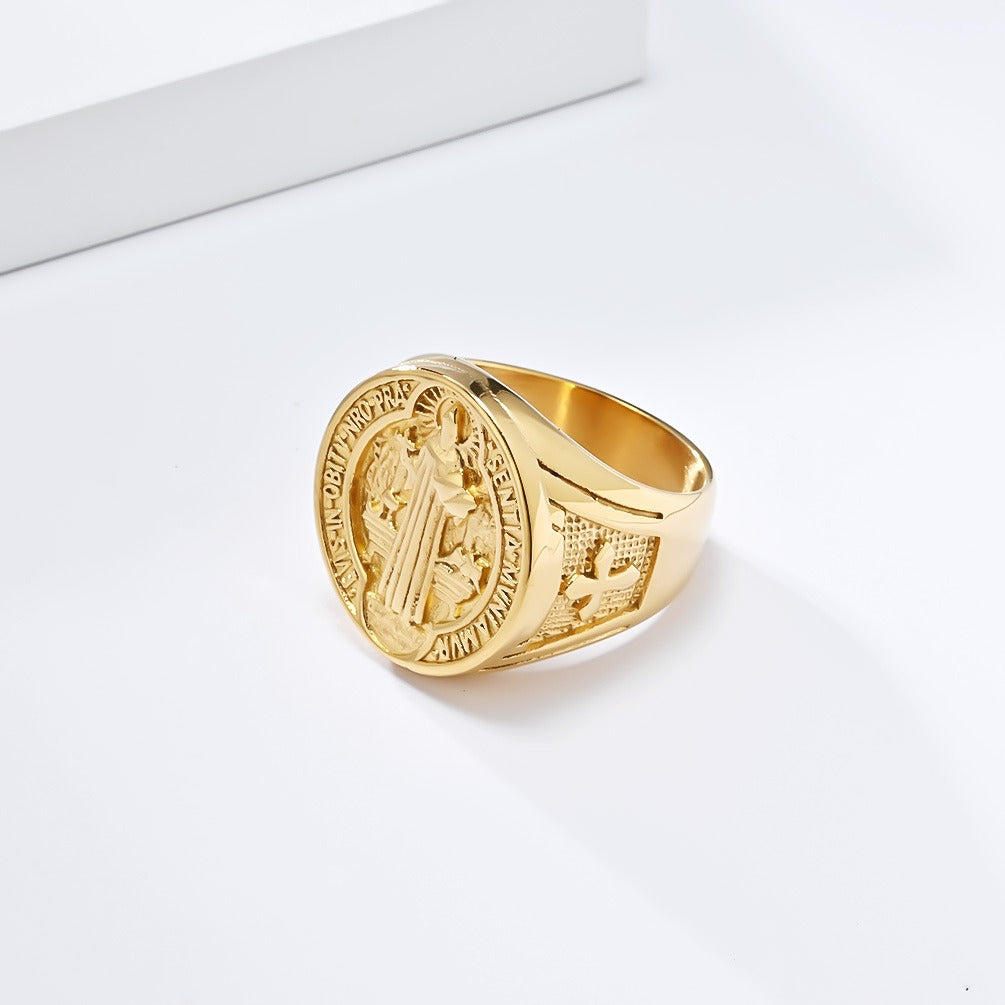 Kemstone Vintage Medallion Signet Ring for Men – Stainless Steel Relief Coin Design K-R981