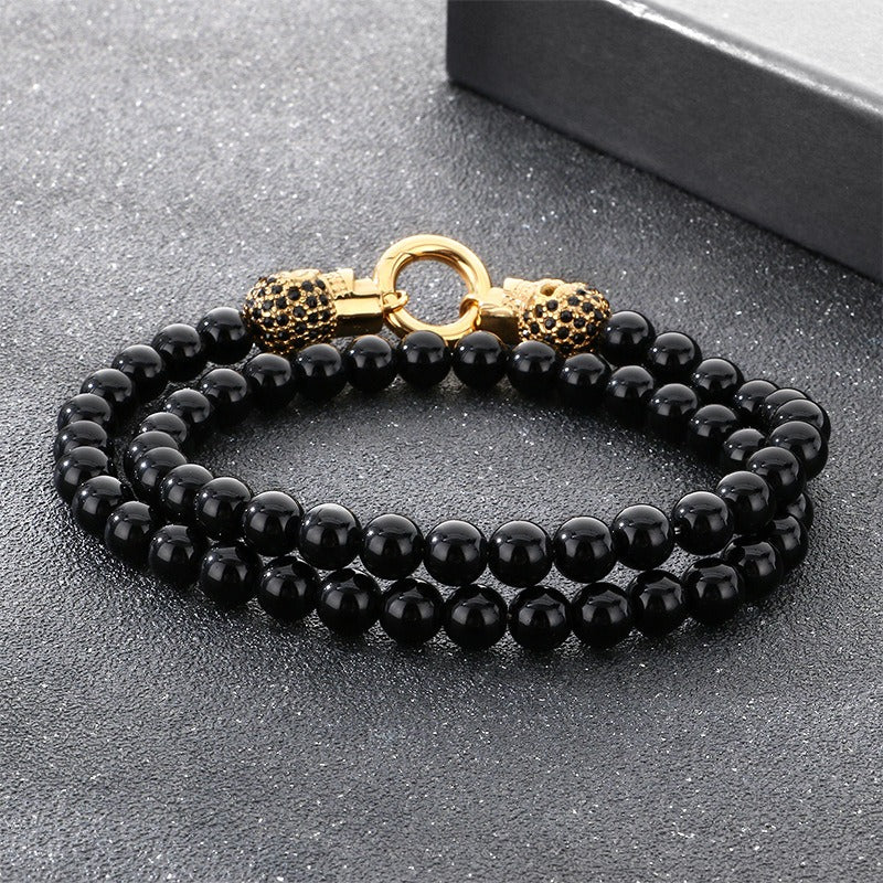 Kemstone Black Onyx Skull Bead Bracelet & Necklace – Titanium Steel with Cubic Zirconia Detail for Men B81841-BD