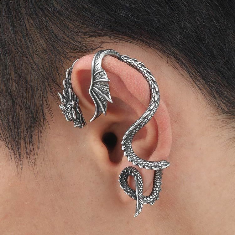 Gothic Dragon Ear Cuff for Men – Clip-On No Piercing Earring, Viking Style Snake Wrap Design ED-786