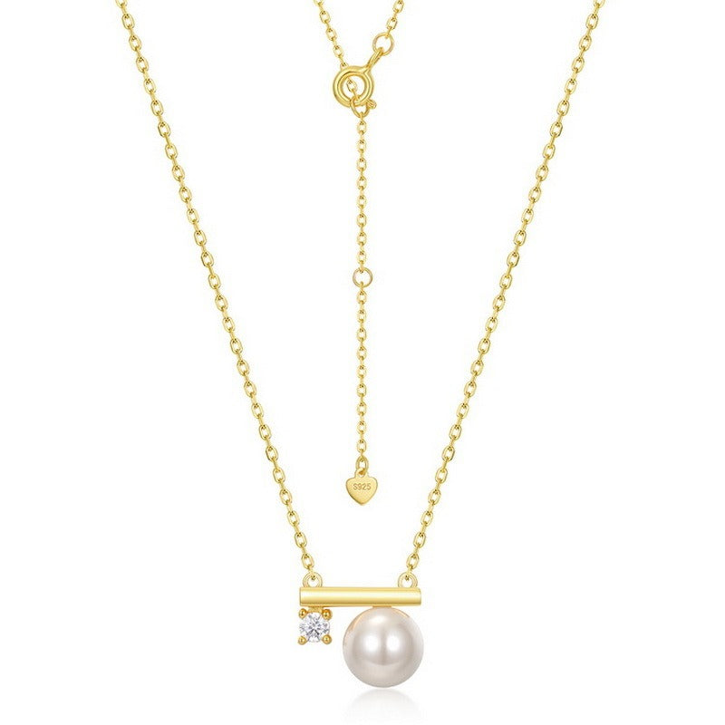 Kemstone Handcrafted Original Design Shell Pearl and Zircon Pendant Necklace, S925 Sterling Silver with 10K Gold Plating