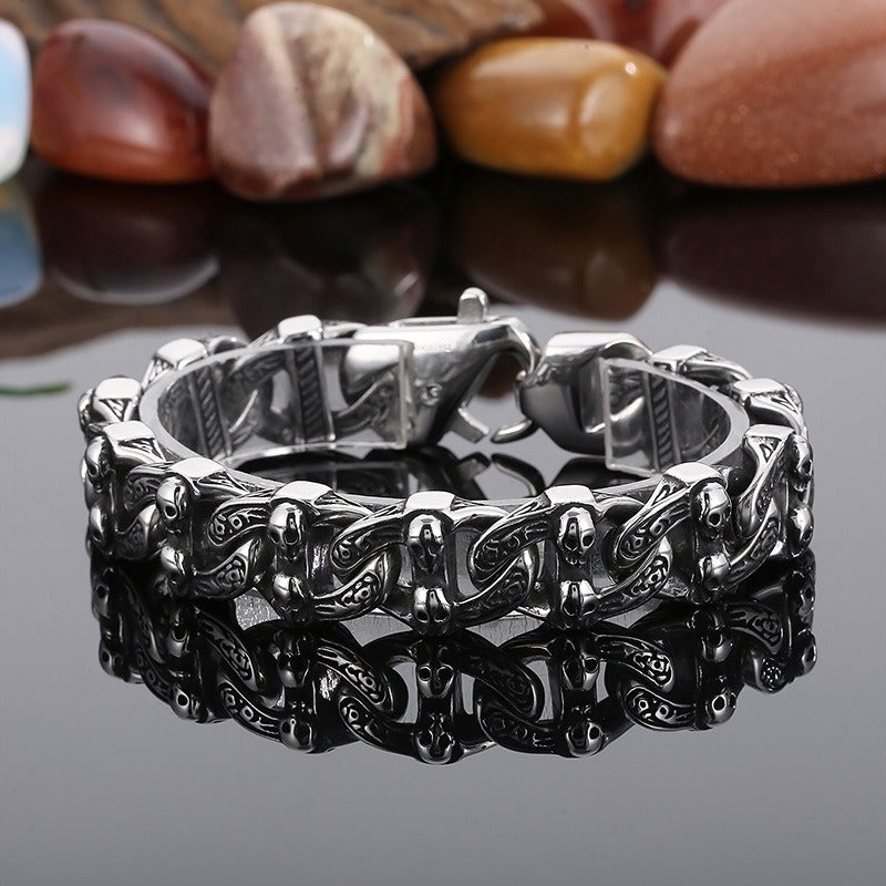 Kemstone Matte Black Skull Bracelet – Titanium Steel Cuban Chain for Men | Gothic Punk Streetwear Jewelry KB162805-KJX
