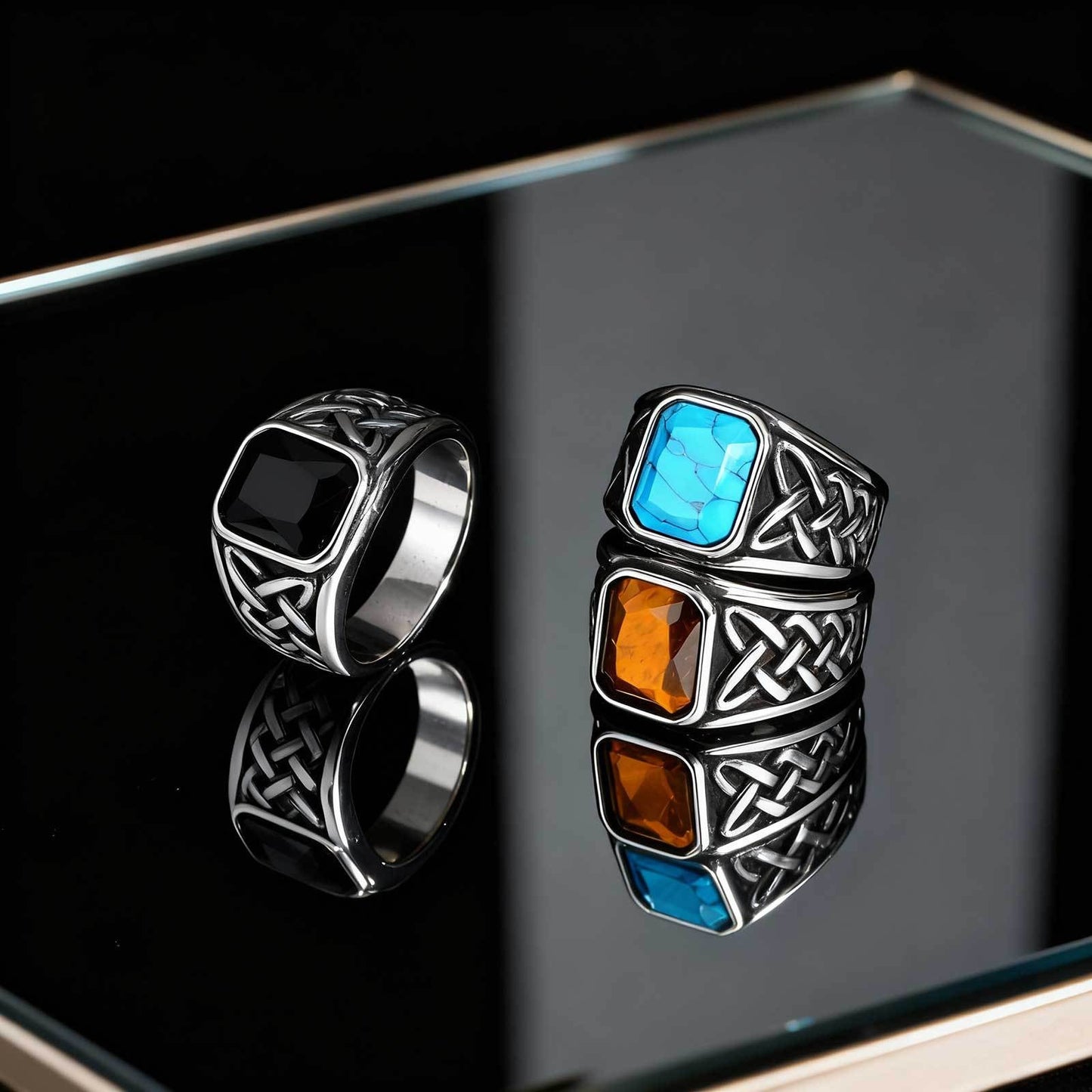 Kemstone Stainless Steel Celtic Knot Turquoise & Tiger Eye Signet Ring for Men RC-605
