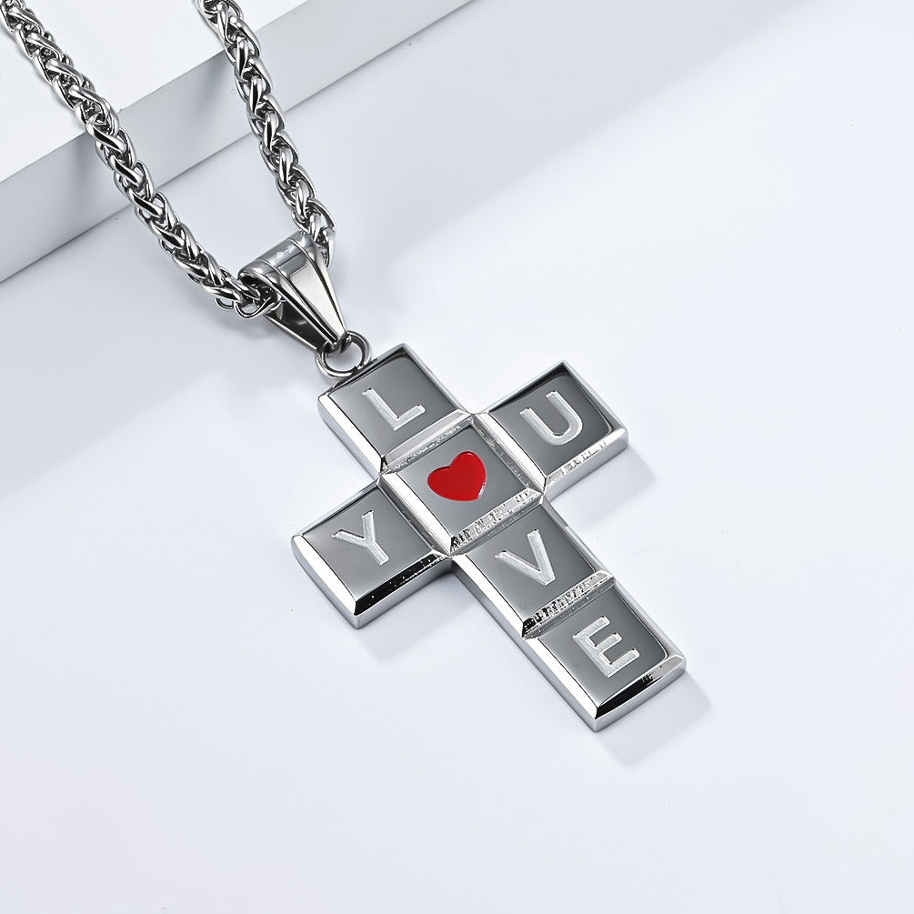 Kemstone Love Heart Cross Pendant Necklace for Men Stainless Steel K-PT554