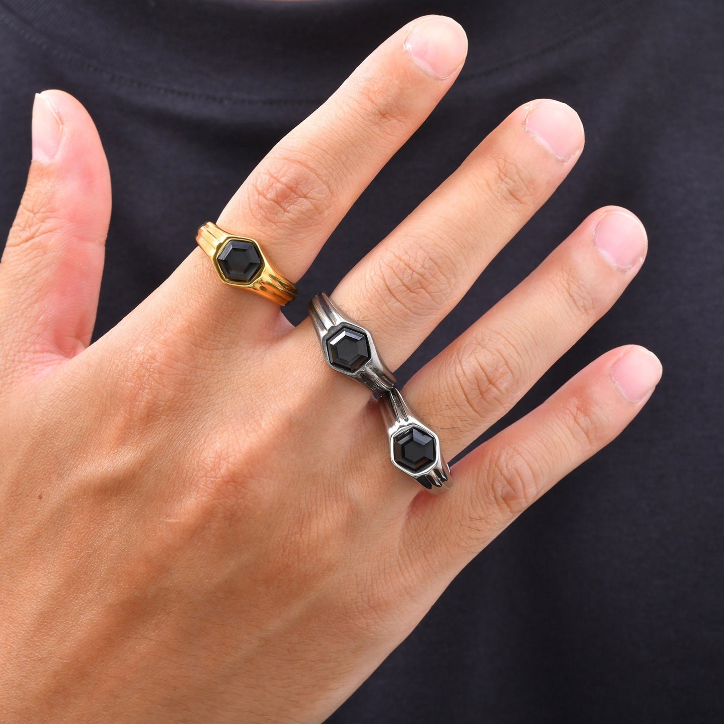 Kemstone Stainless Steel Hexagon Black Zircon Ring for Men RC-985
