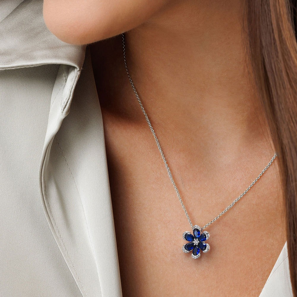 Kemstone Blue Flower Pendant Necklace for Women 925 Sterling Silver Cubic Zirconia Accent LZN17