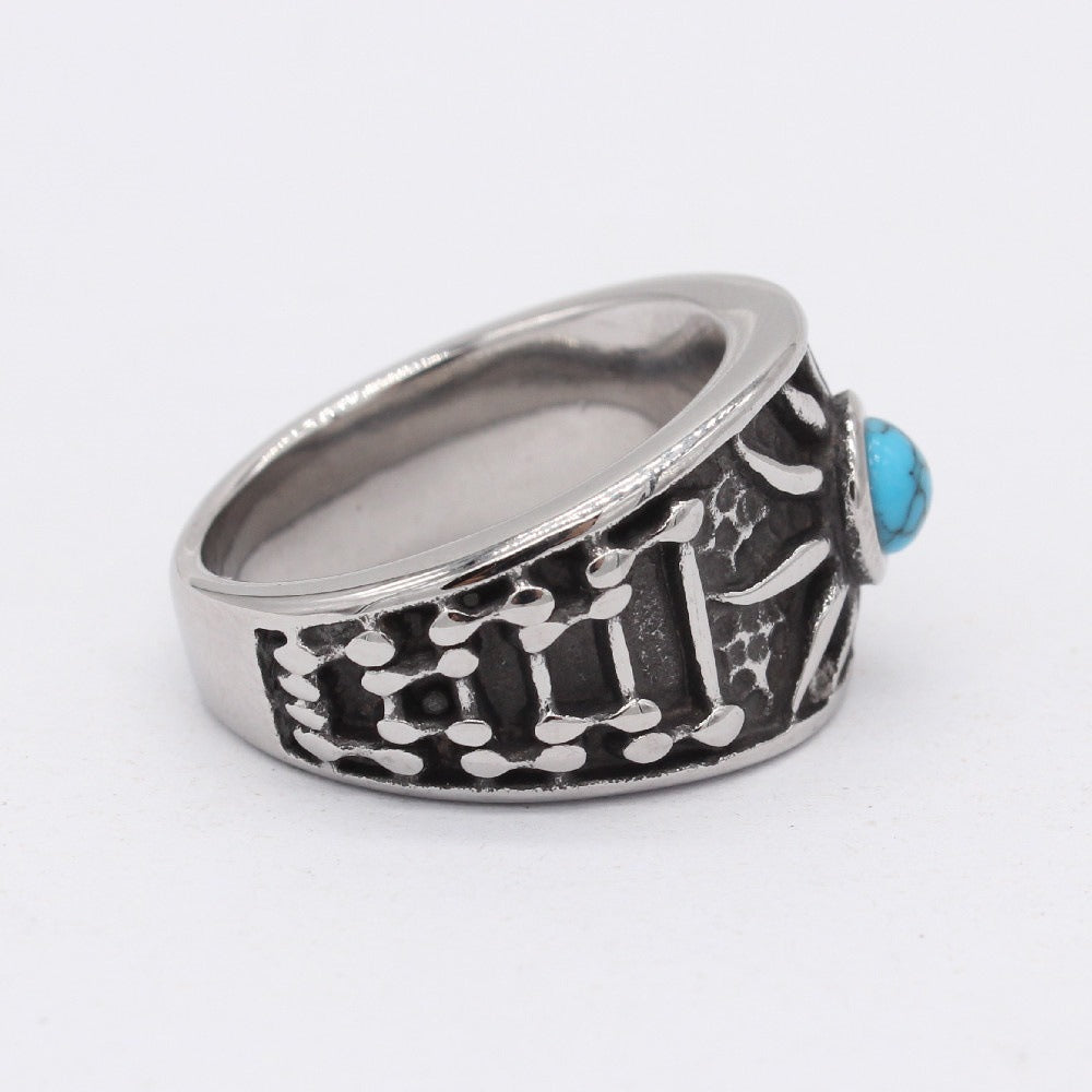 Kemstone Turquoise Ring for Men Titanium Steel Wide Band Textured Vintage R1496