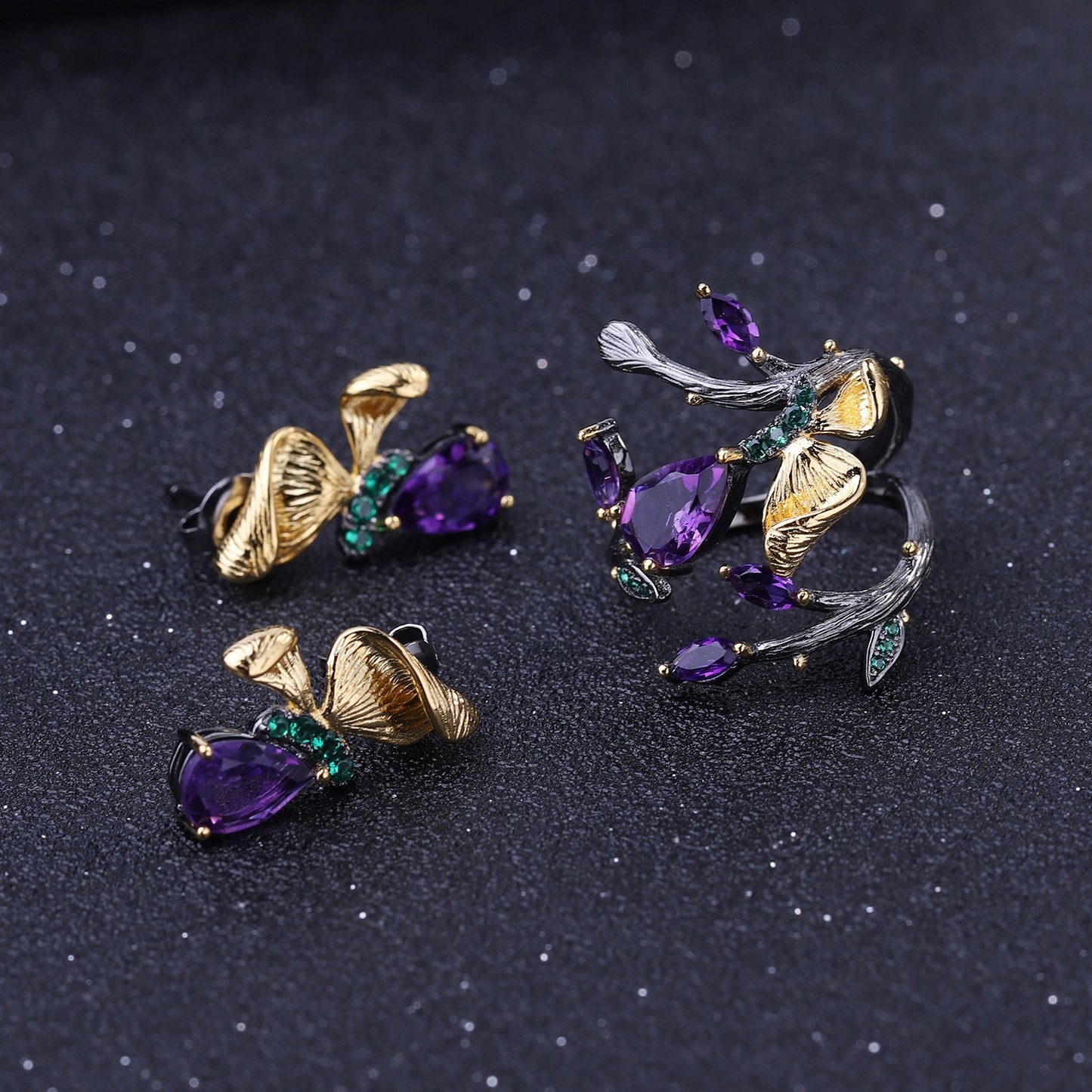 Schmetterlingsohrringe aus 925er Sterlingsilber mit smaragdgrünen Nanosteinen und 1,3 Karat violettem Amethyst 