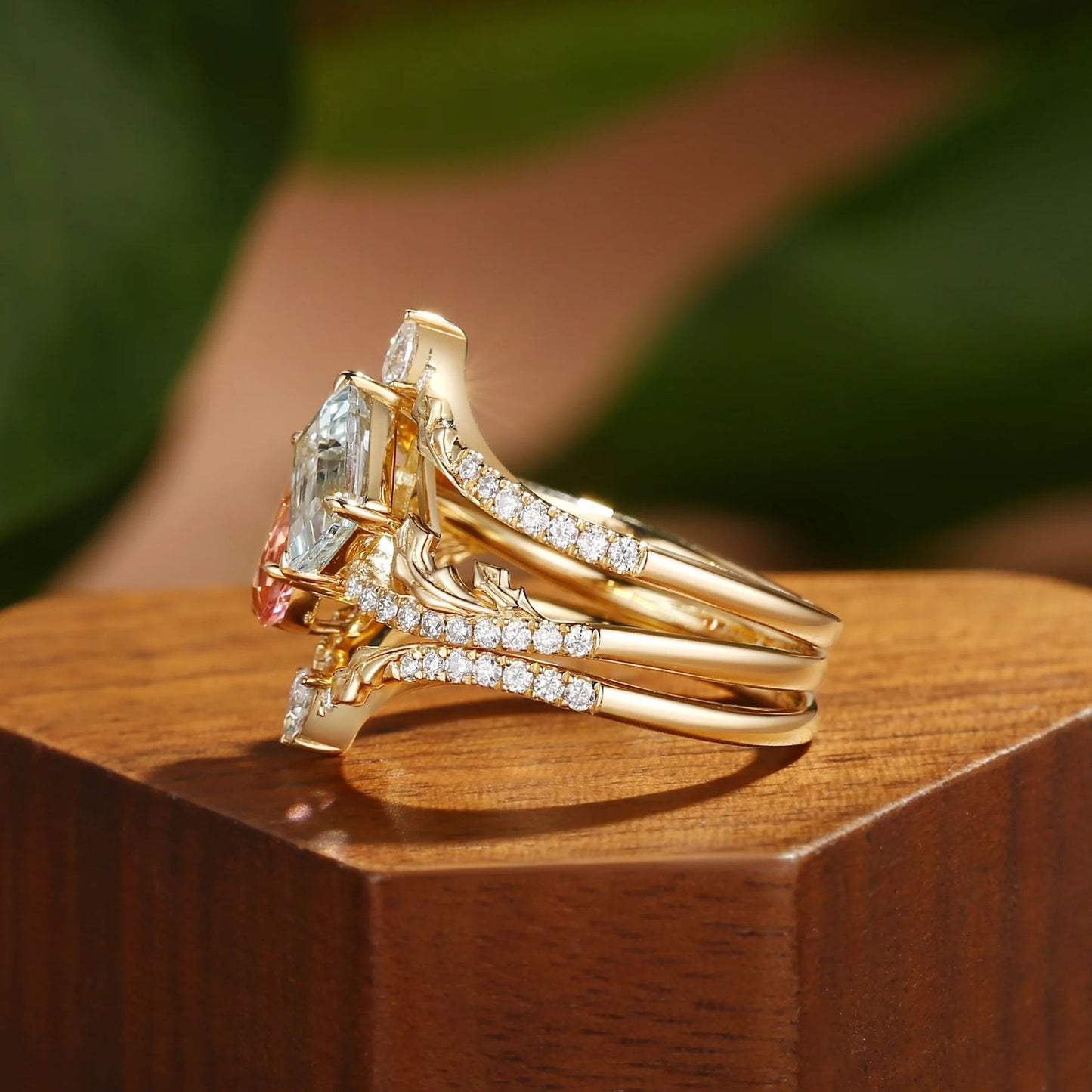 Kemstone Pink Sapphire & Aquamarine Ring Set for Women – S925 Sterling Silver 18K Gold Plated Floral Stackable Ring T7-YC0302RS