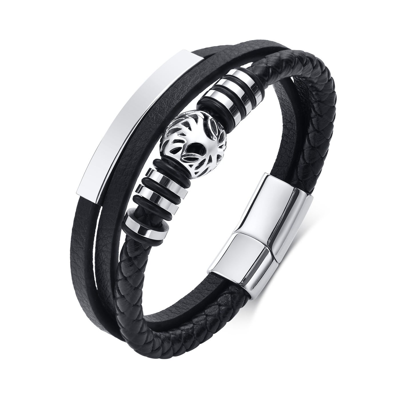 Kemstone Men’s Layered Microfiber Leather Bracelet – Stainless Steel Tree of Life Plate BL-650