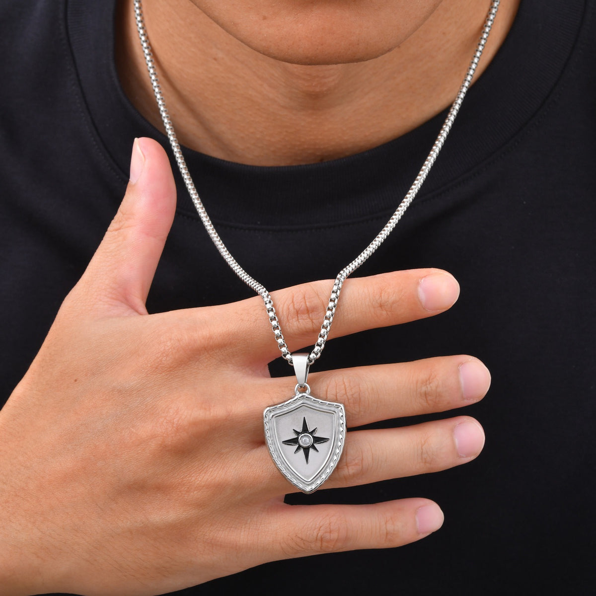 Kemston Eight Point Star Shield Pendant Necklace for Men Stainless Steel PN-2443