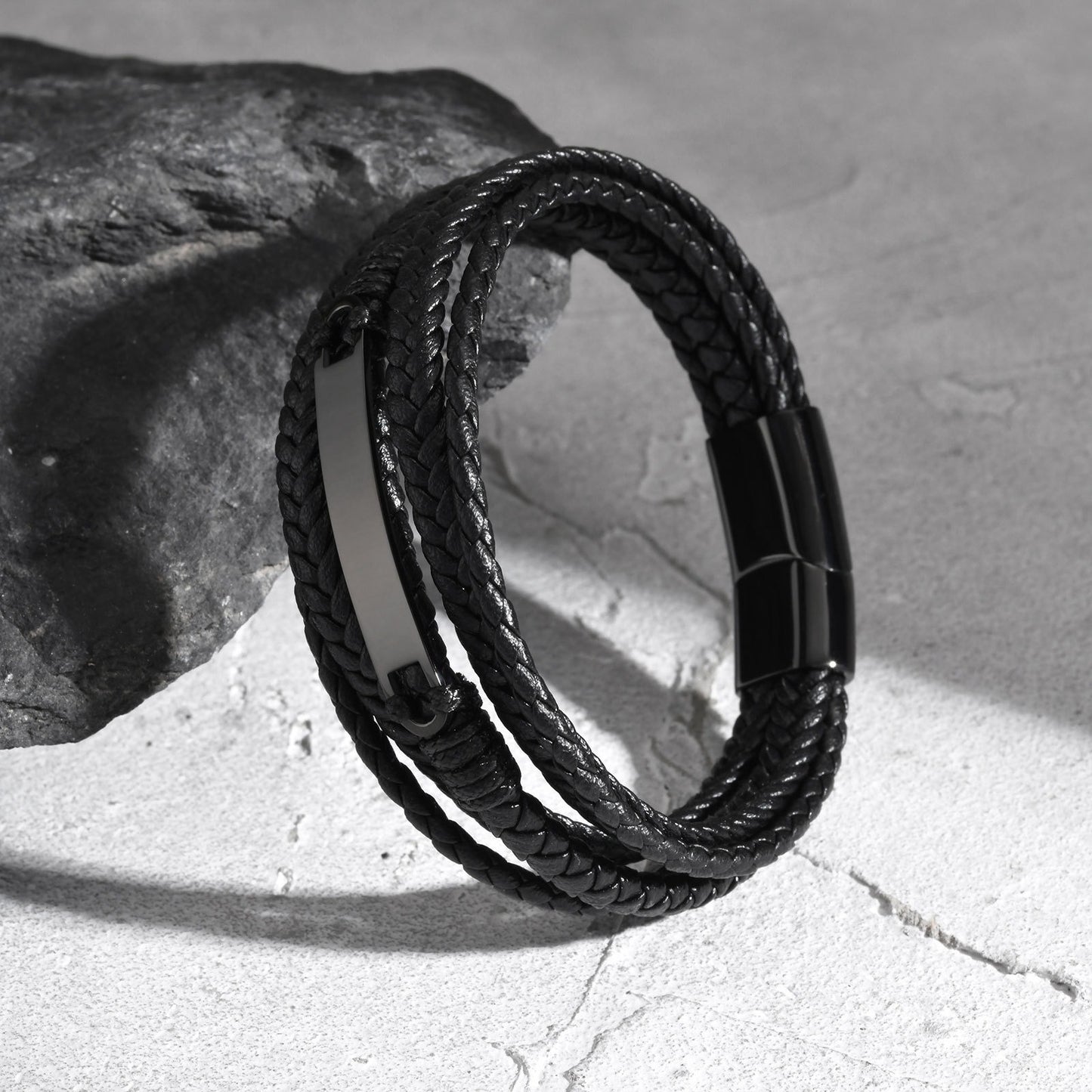 Kemstone Stainless Steel Curved Plate Multi-Layer PU Leather Bracelet for Men – Black Double Wrap Design BL-783