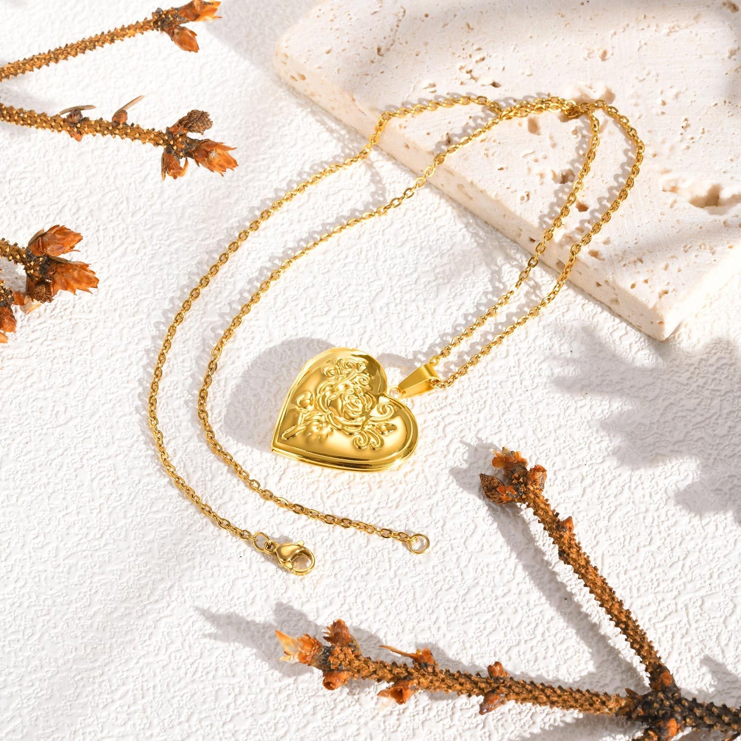 Collar con colgante de foto de corazón de rosa de acero inoxidable para mujer - Regalo de joyería grabado personalizado, elegante recuerdo para sus seres queridos PN-2093
