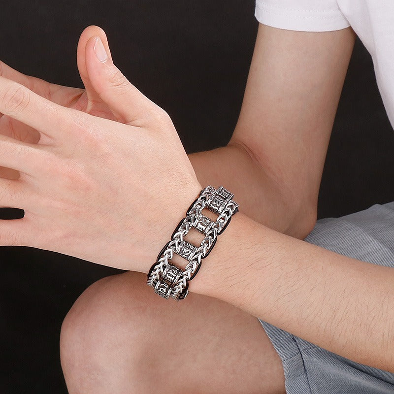 Kemstone Vintage-Style Dragon Bone Chain Bracelet & Punk Hollow-Titanium Steel Man's Ancient Six-Syllable True-Word Necklace KB145903