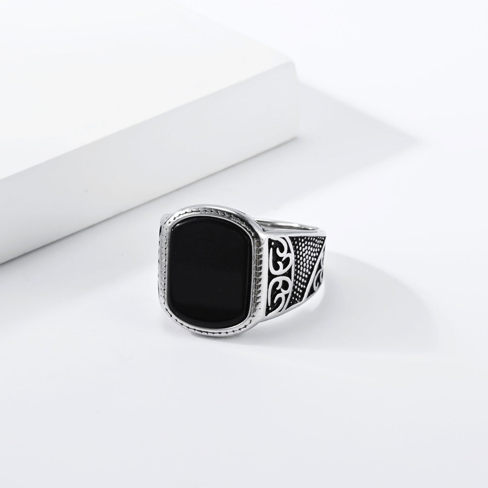 Kemston Vintage Signet Ring for Men Stainless Steel Square Stone Engraved Design K-R1197