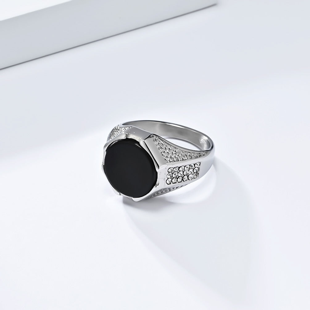 Kemstone Black Stone Ring for Men Stainless Steel Side Accents K-R986