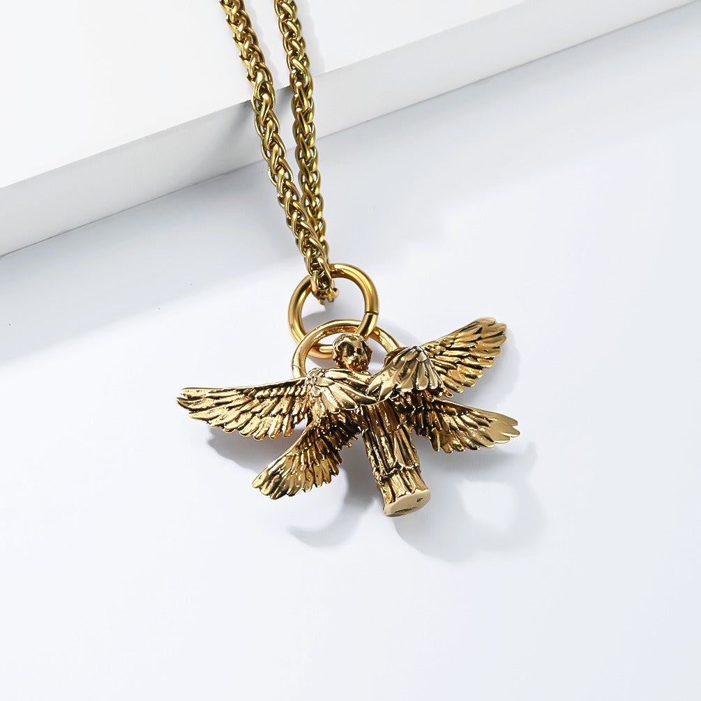 Kemstone Winged Figure Necklace for Men Stainless Steel Detailed Wing Chain Silver Gold K-PT709