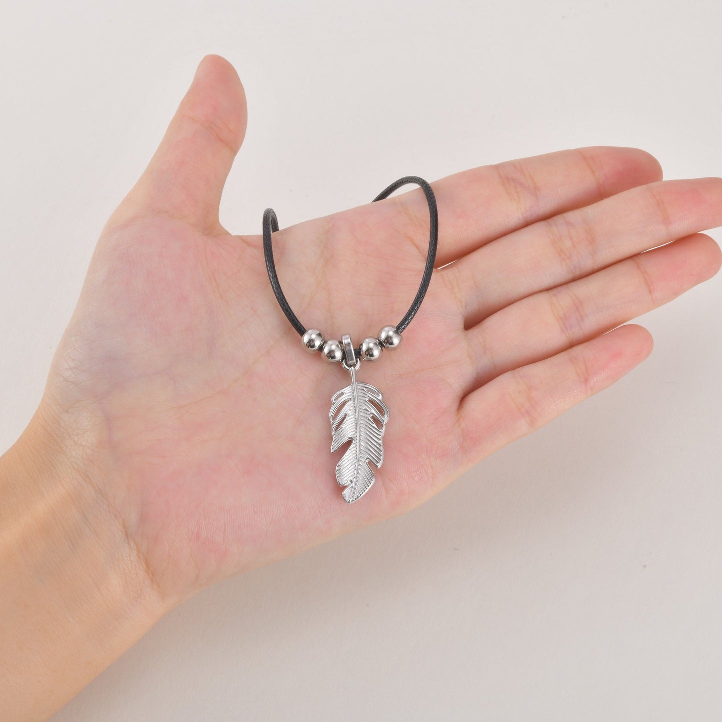 Kemstone Stainless Steel Leaf Pendant Necklace for Men Black Cord Beaded Chain NC-2753