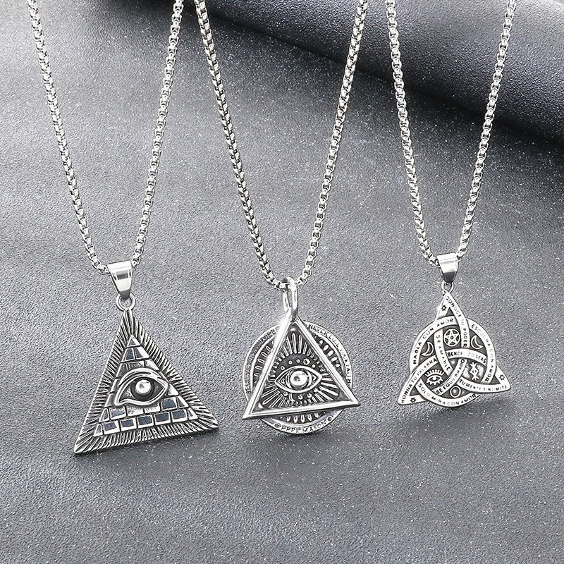 Kemstone Vintage Triangle Eye Pendant Necklace – Titanium Steel Geometric Design for Men KP117717-LU