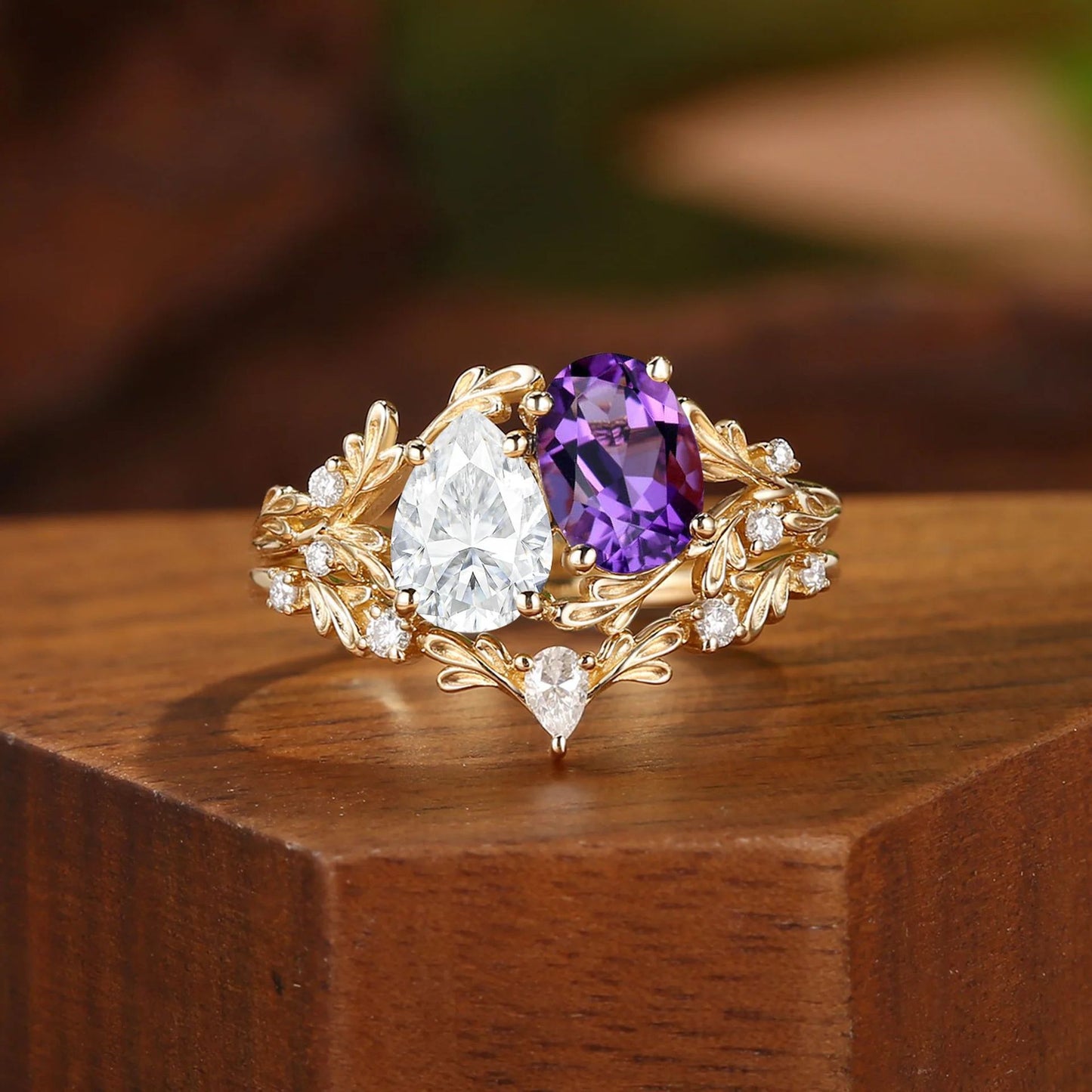 Kemstone Moonstone & Mandarin Garnet Ring Set for Women – Vintage Floral Stackable Ring in S925 Sterling Silver 18K Gold Plated T7-YC0323RS
