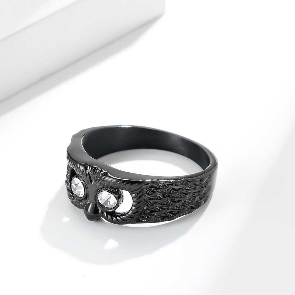 Kemstone Stainless Steel Owl Ring – Vintage Finish Animal Band with Cubic Zirconia Eyes for Men & Women K-R625