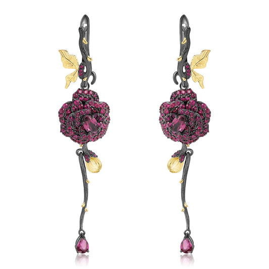 Kemstone Designer Rose-shaped 0.6Ct Natural Rhodolite Garnet Ruby Gemstone Dangle Drop Earrings, S925 Sterling Silver,2.76"