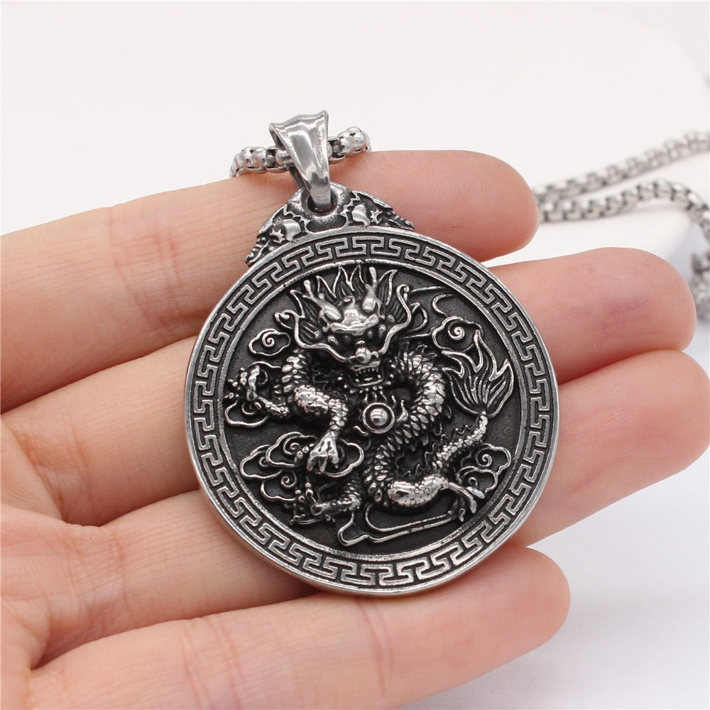 Kemstone Dragon Medallion Pendant Necklace for Men Titanium Steel Relief P1095