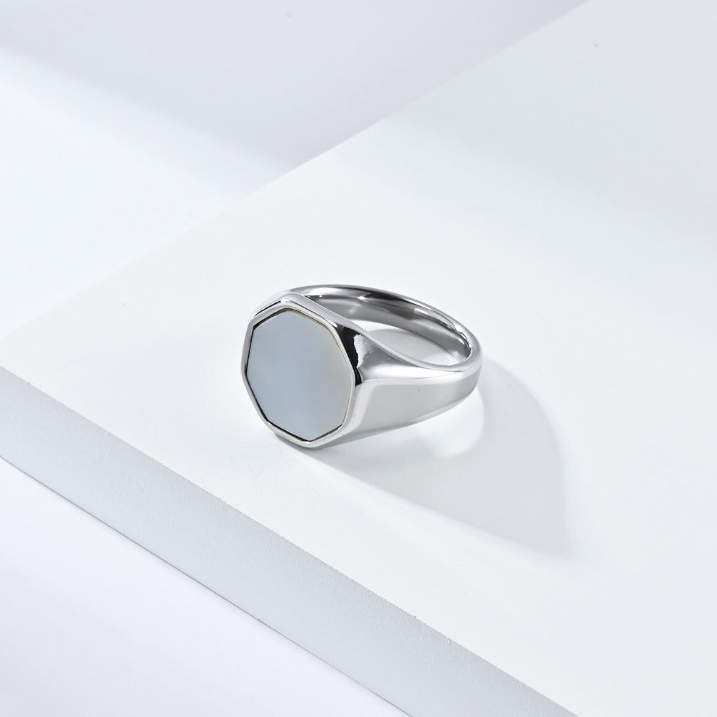 Kemstone Shell Inlay Ring for Men & Women Stainless Steel Hexagon Design K-R793