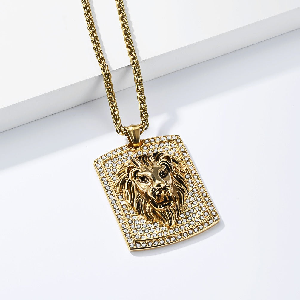 Kemstone Stainless Steel Lion Head Pendant Necklace for Men Iced Rhinestone Tag K-PT718