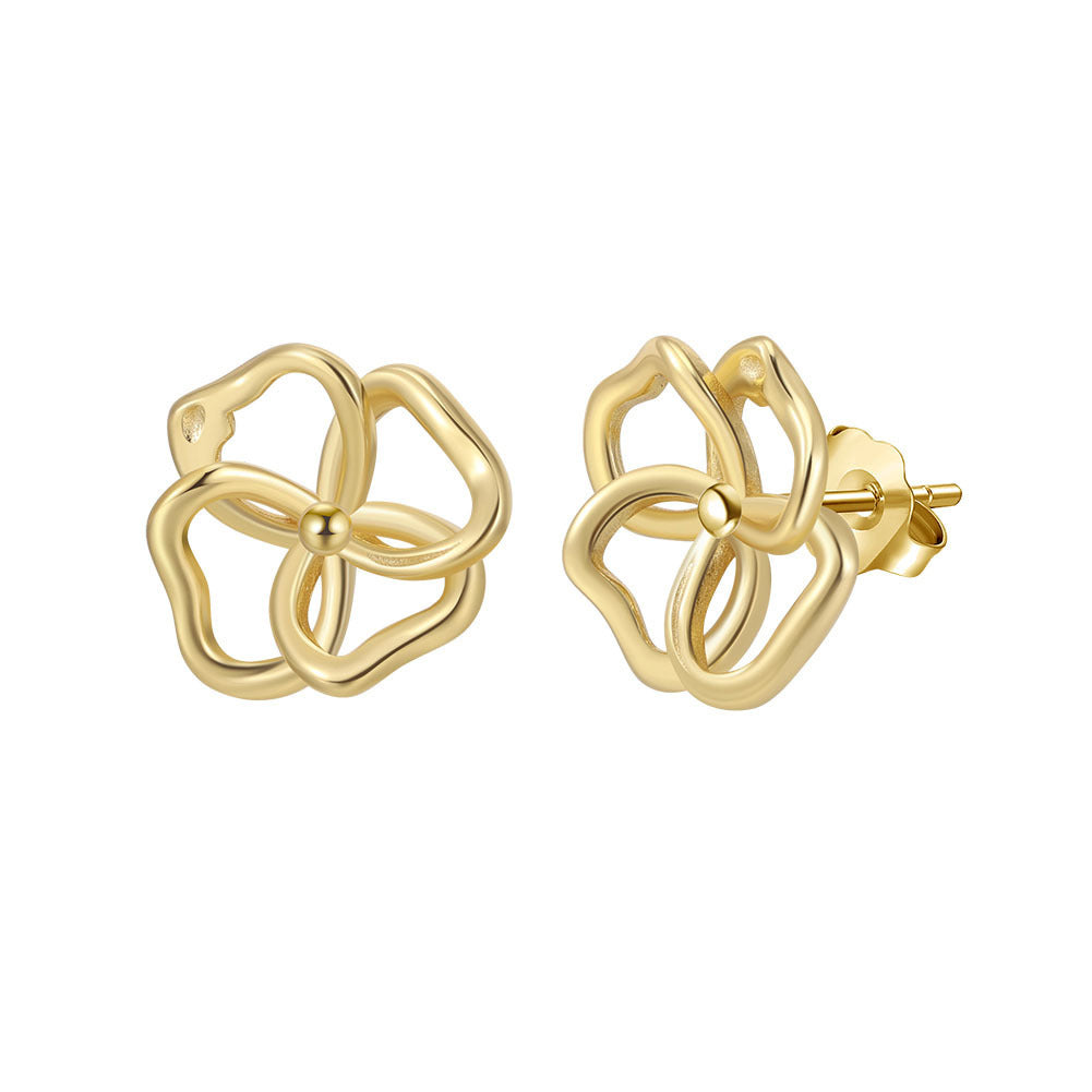 Leaf Stud Earrings – 925 Sterling Silver Gold Minimalist Floral Jewelry, Handmade Lucky Clover Hollow Design for Women A4-GAE13