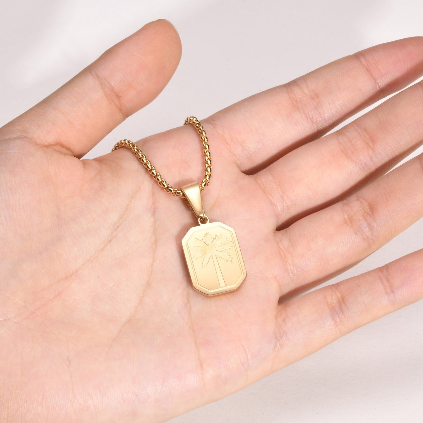 Kemstone Stainless Steel Palm Tree Pendant Necklace – Etched Rectangle Tag, Gold Silver PN-1990