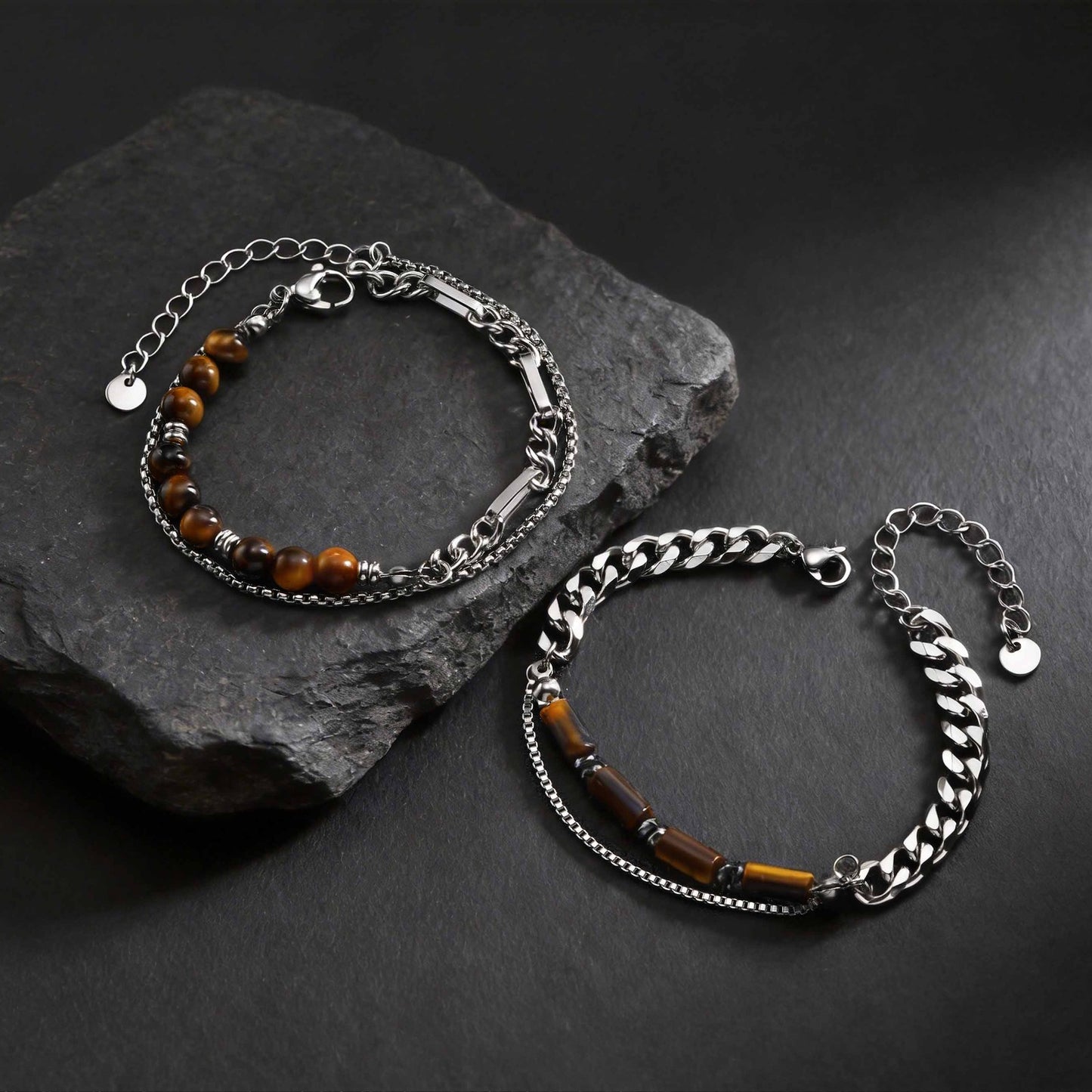 Kemstone Tiger Eye Beaded Bracelet for Men Stainless Steel Layered Chain BR-2922