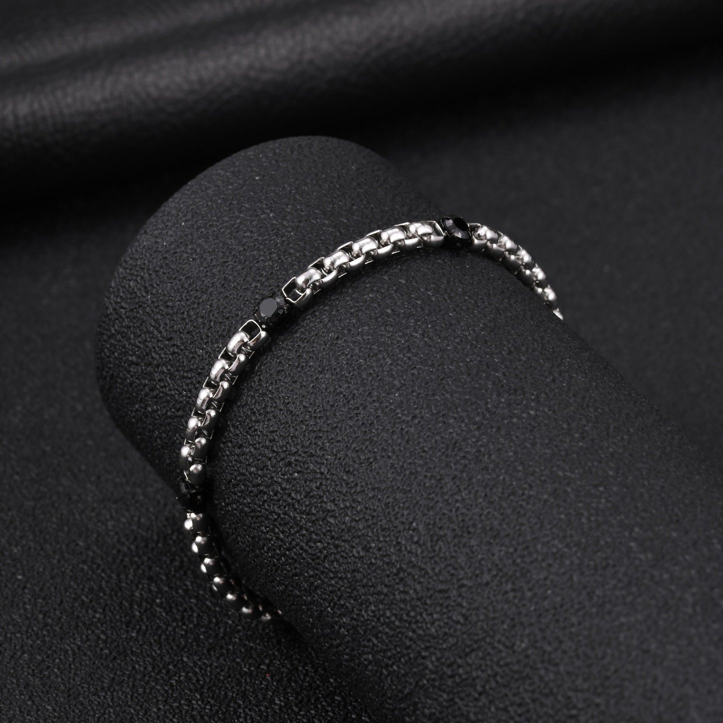 Kemston Stainless Steel Black Cubic Zirconia Beaded Chain Bracelet for Men Street Style BR-3103