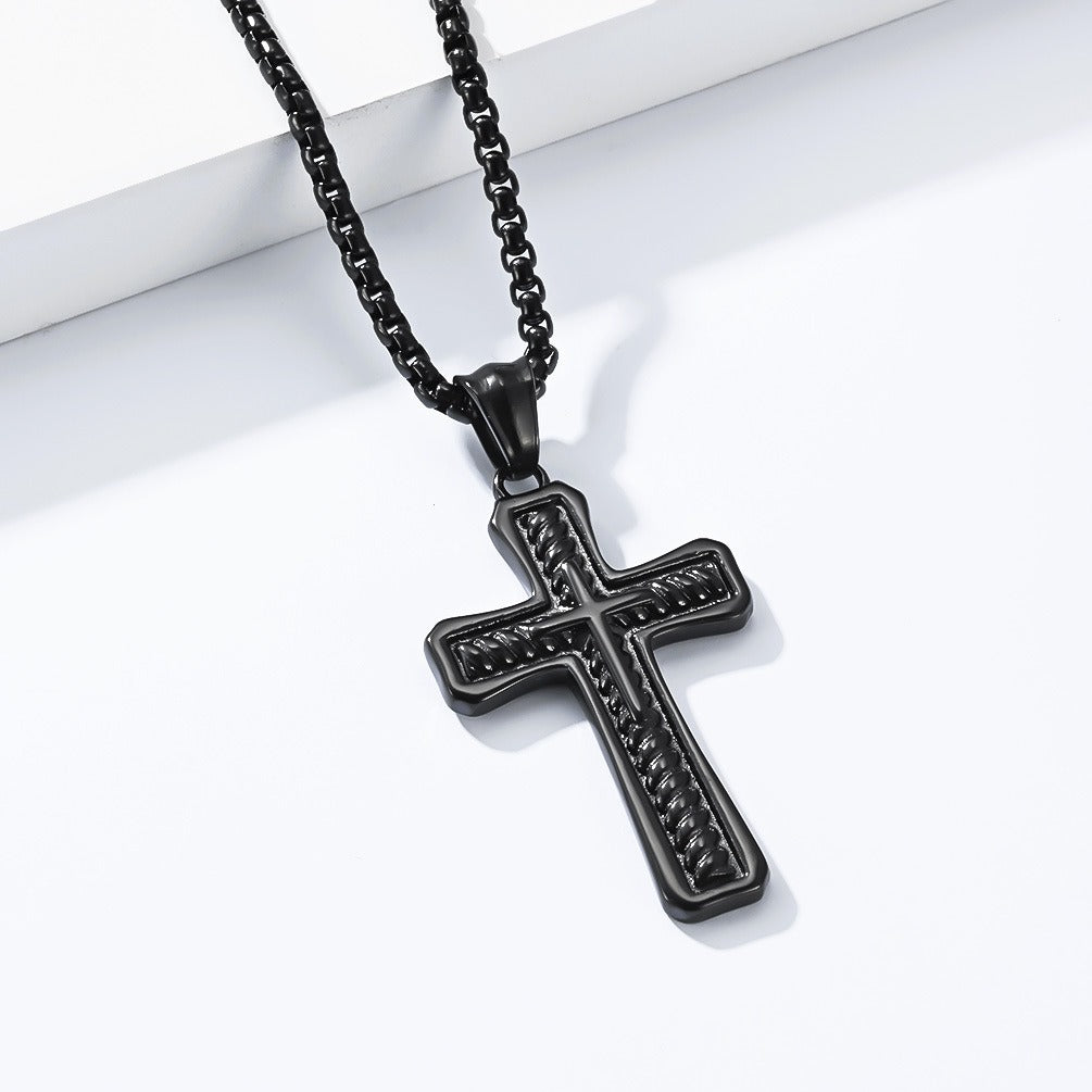 Kemstone Stainless Steel Layered Cross Pendant Necklace Rope Texture Detail for Men K-PT716