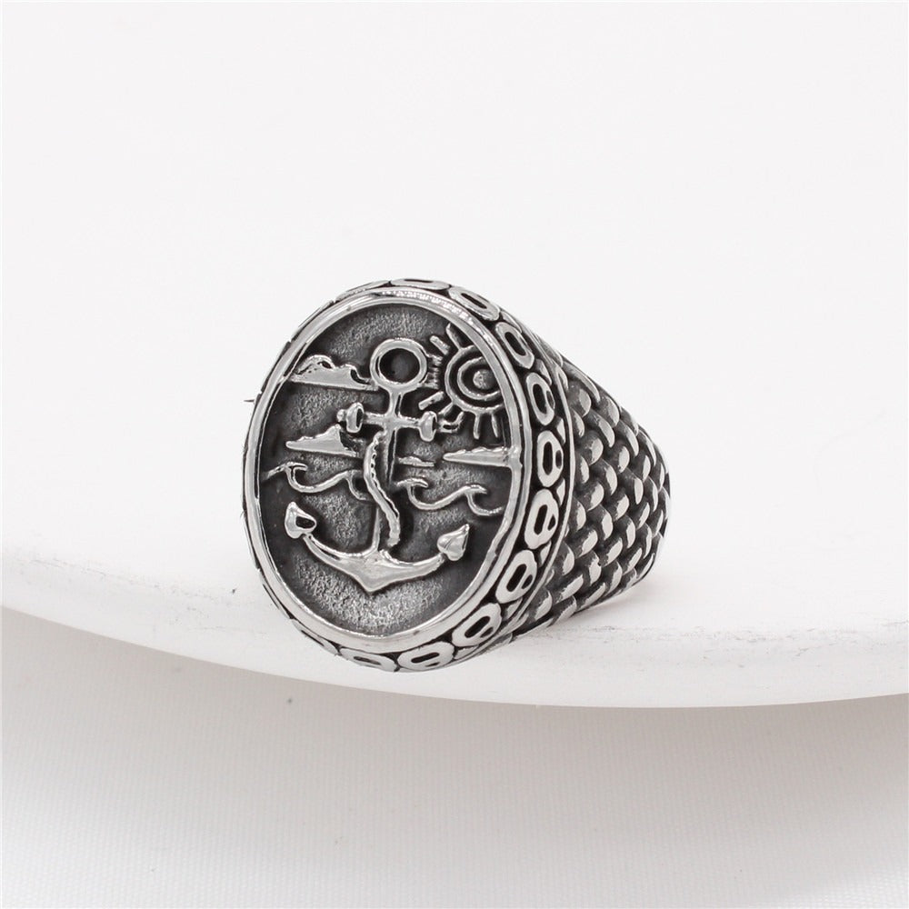 Kemstone Anchor Signet Ring for Men Titanium Steel Textured Sides R1283
