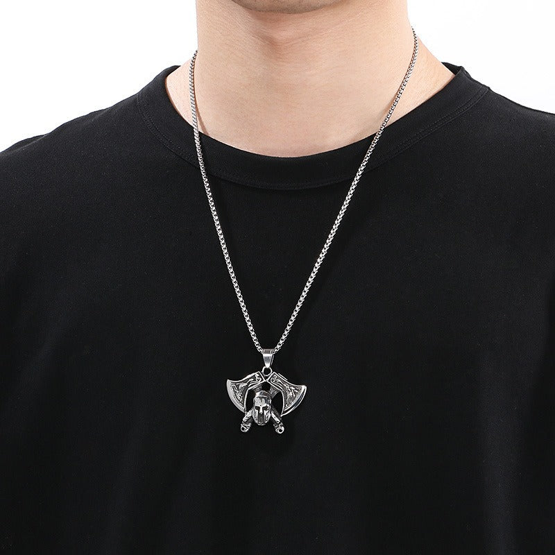 Colgante Kemstone Hiphop Mythology Series - Collar de acero y titanio con máscara de hacha de doble cara y diosa serpiente del mal de ojo para hombre KP130917-MZOZ