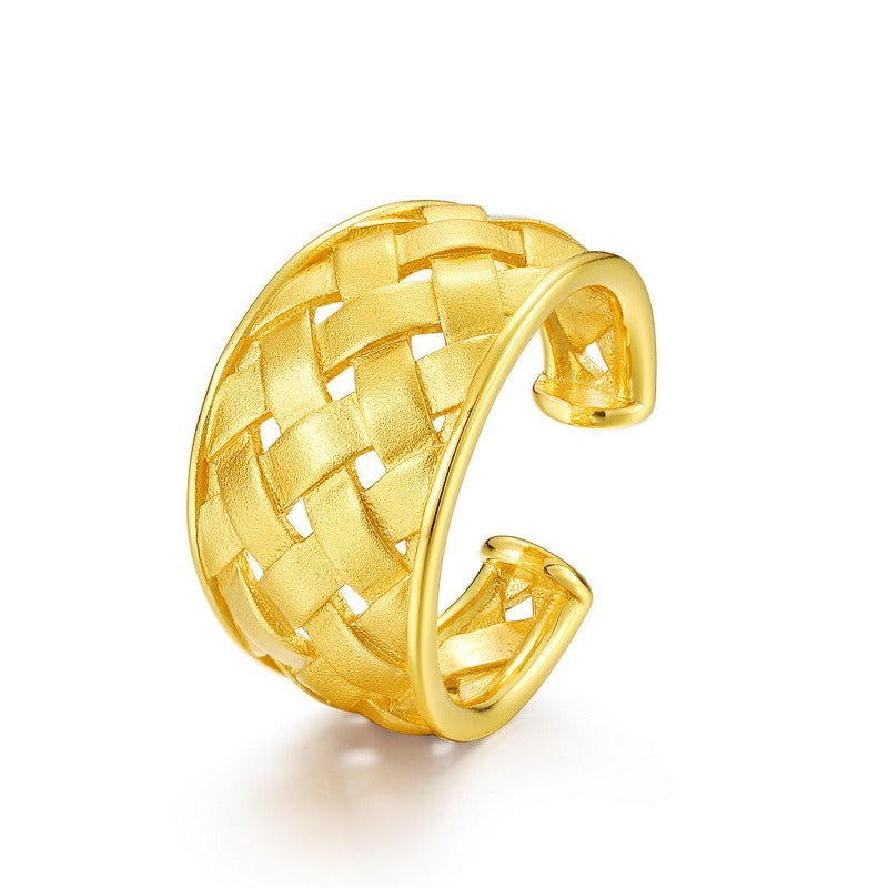 Anillo de cuadrícula vintage de diseño original artesanal de Kemstone - Anillo de mujer con banda ancha y patrón de cuadrícula hueca
