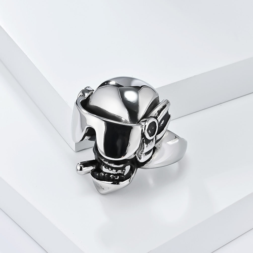 Kemstone Skull Ring Stainless Steel Movable Goggles Ring for Men Silver K-R876