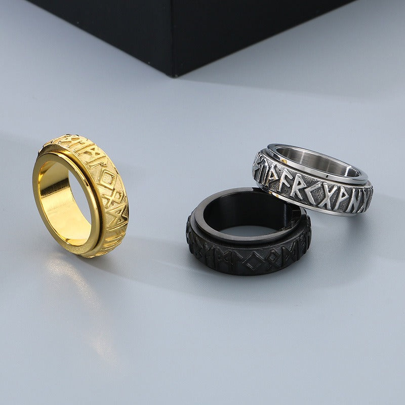 Kemstone Viking Rune Spinner Ring – Titanium Steel Nordic Band for Men | Gothic Punk Street Style KR110119-K