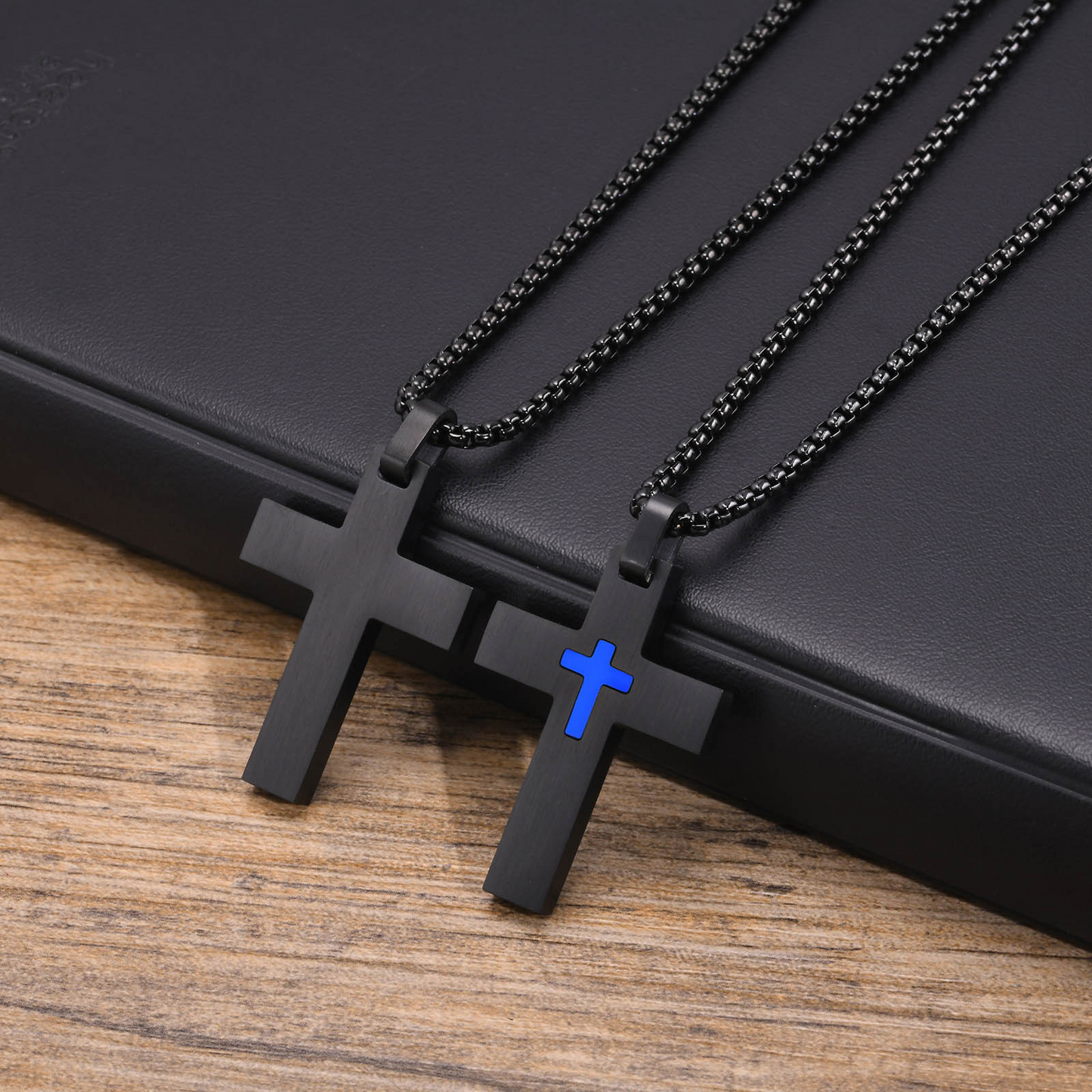 Kemstone Stainless Steel Black Cross Pendant Necklace for Men Blue Accent Detail PN-1916