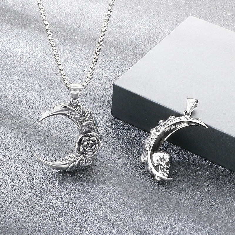Kemstone Crescent Moon Pendant Necklace Titanium Steel Carved Floral Gothic Style for Men KP117749-LU